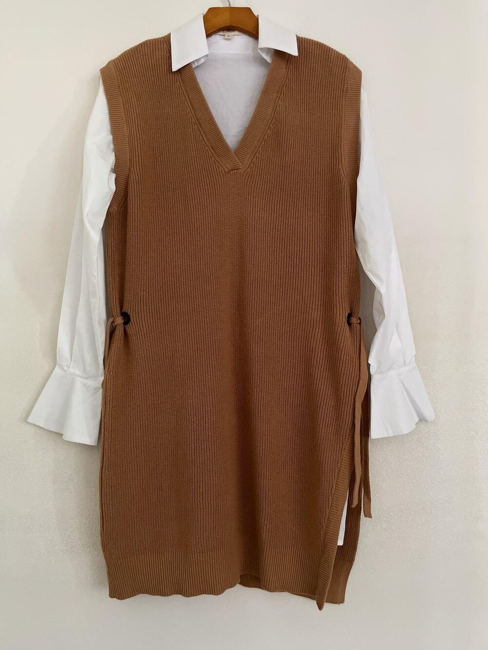 Elan Dress Womens M Brown Knit Layered Sweater Shirt V Neck Collared Side Tie - Picture 3 of 11